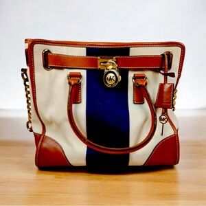Michael Kors Hamilton Mono Stripe Large Canvas/Leather bag Blue White